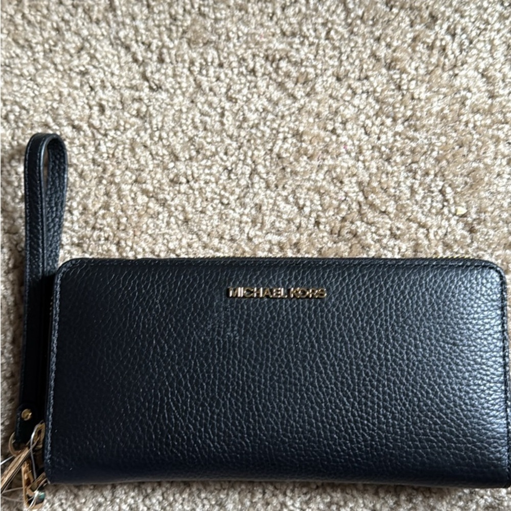 Michael Kors Black Pebbled Leather Zip Wristlet with Gold Logo